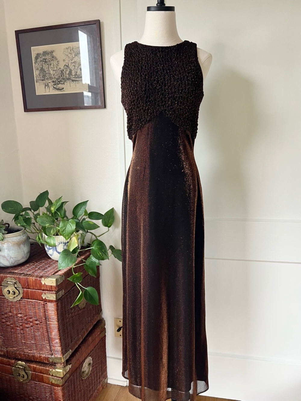 Vintage Cache Brown Metallic Sleeveless Dress